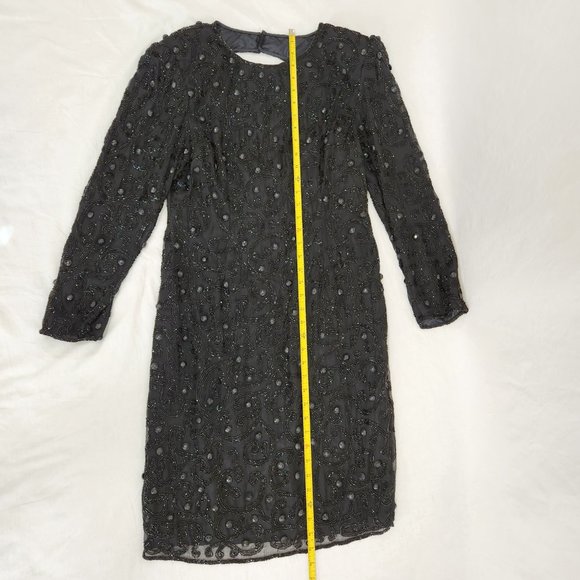 Vintage JOAN LESLIE Hollywood-Fairy-Tale Beaded Black Silk Sheath Dress Size 10. - Picture 14 of 16